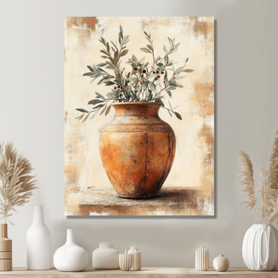 Olive, toile, art mural rétro - urne antique avec branches d'olivier, art mural antique