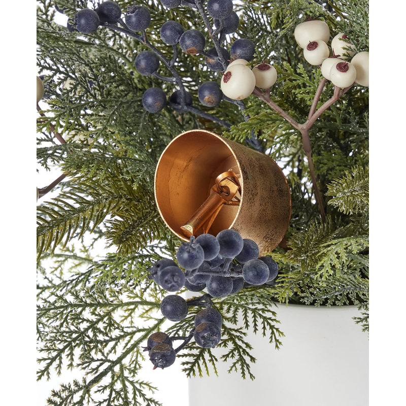 Mélange de feuillage de mica avec bleuets et Harmony Bells, arrangement de 19 po dans un pot en céramique