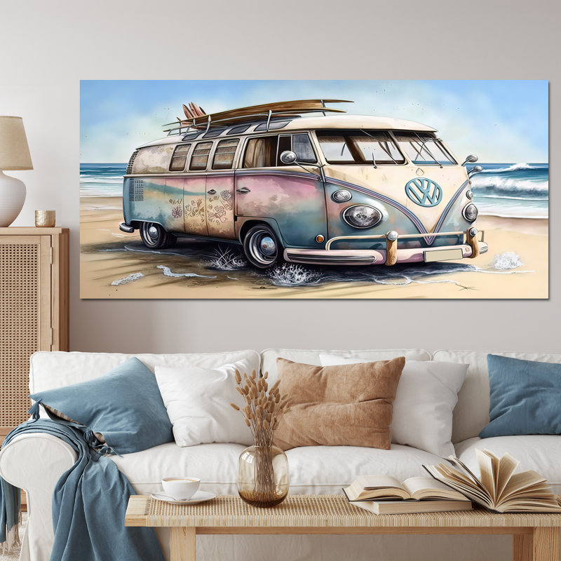 «70S Surfing Van At The Beach I - Coastal Beach», art mural, Toile tendue, 16" H x 32" W