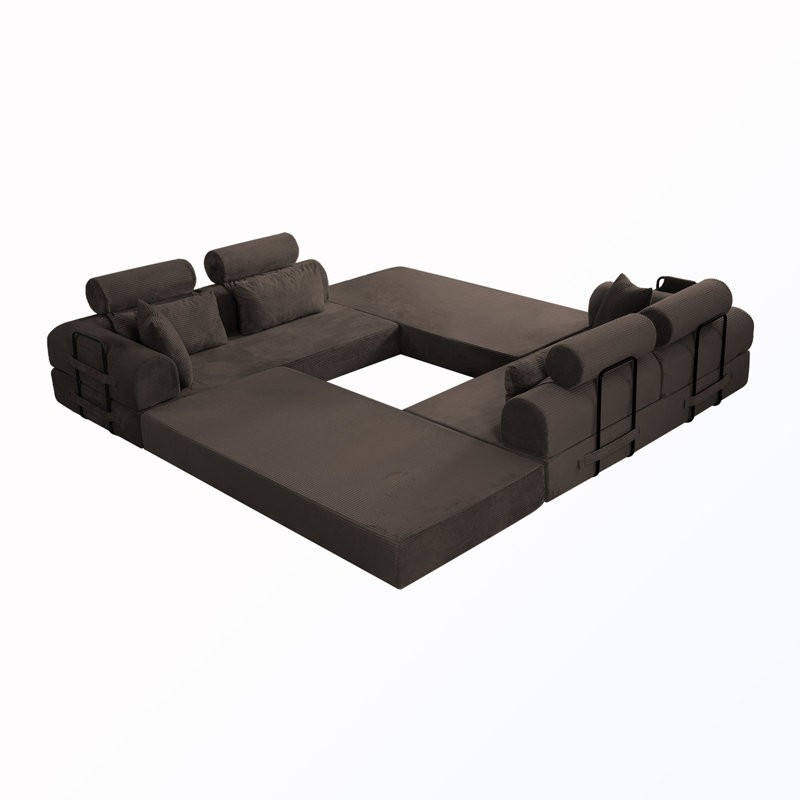 Canapé modulaire rembourré en L, Velours côtelé café