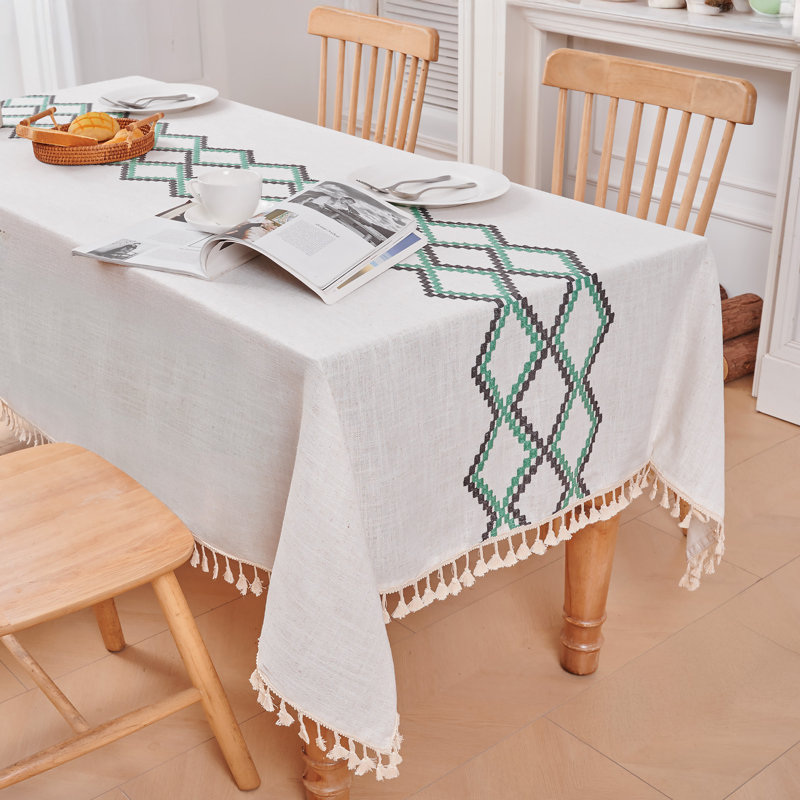 Linen-Like Diamond Checkered Embroidery Tablecloth with Fringe, 78" Rectangle, Blue
