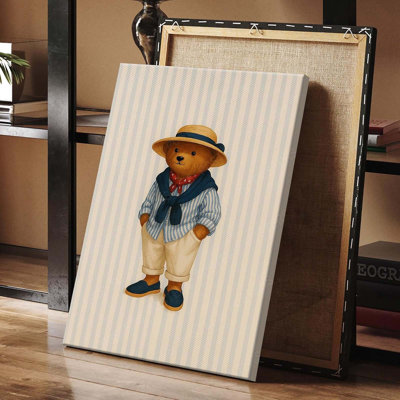 Funny Sailor Suit Teddy Bear Poster Minimalist Straw Hat Shirt Trousers Animal Wall Art Canvas Printed Posters For Home Bedroom Bathroom Wall Decor Wrapped Framed Ready To Hang
