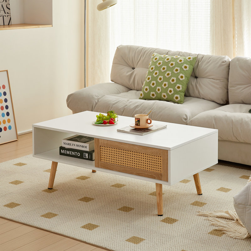 41.34" Rattan Coffee Table Sliding Door For Storage Solid Wood Legs Modern Table For Living Room