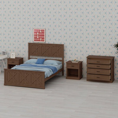 Farmhouse Style Bedroom Furniture Set, Retro 4 Piece Platform Bed, Nightstands and Storage Dresser