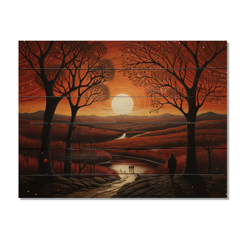 Essence amérindienne orange et noir sur bois, H 24 po x l 32 po x P 0,78 po