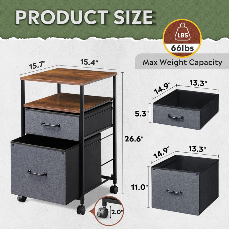  2-Drawer Rolling File Cabinet With Open Storage, Rustic Brown, Lightweight And Sturdy Office Storage Solution, 15.7"D X 15.4"W X 26.8"H, Ideal For Home Office