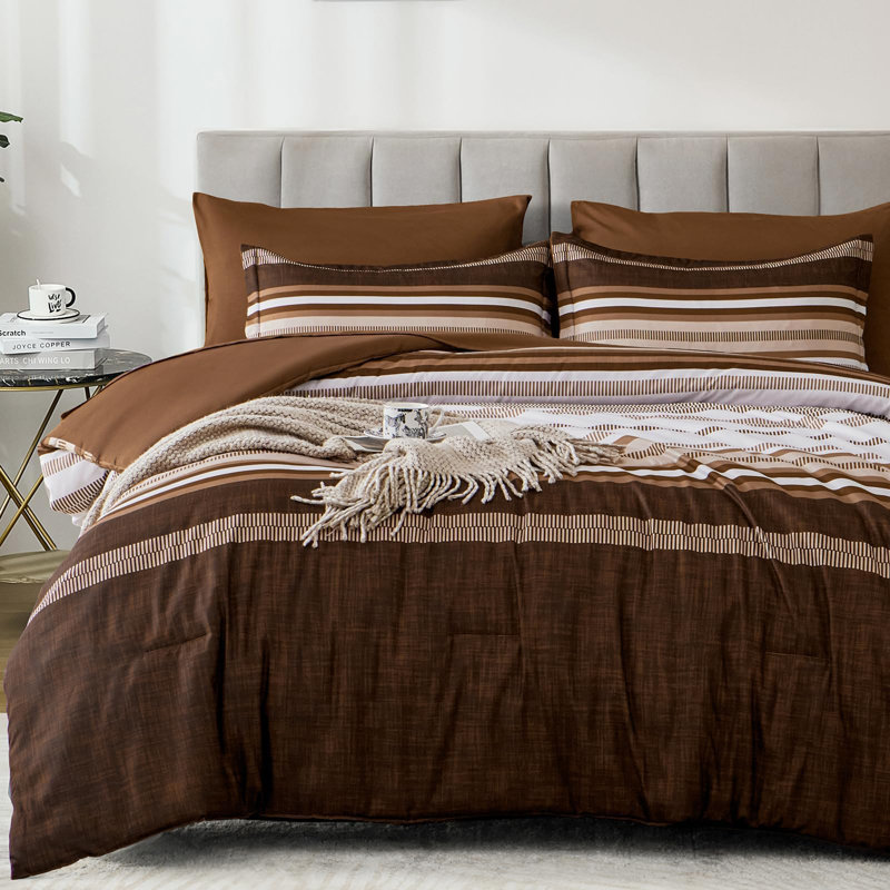 7-Piece Boho Striped Comforter Set All Season Microfiber Bed in a Bag, King Comforter + 6 Additional Pieces, Brown Striped