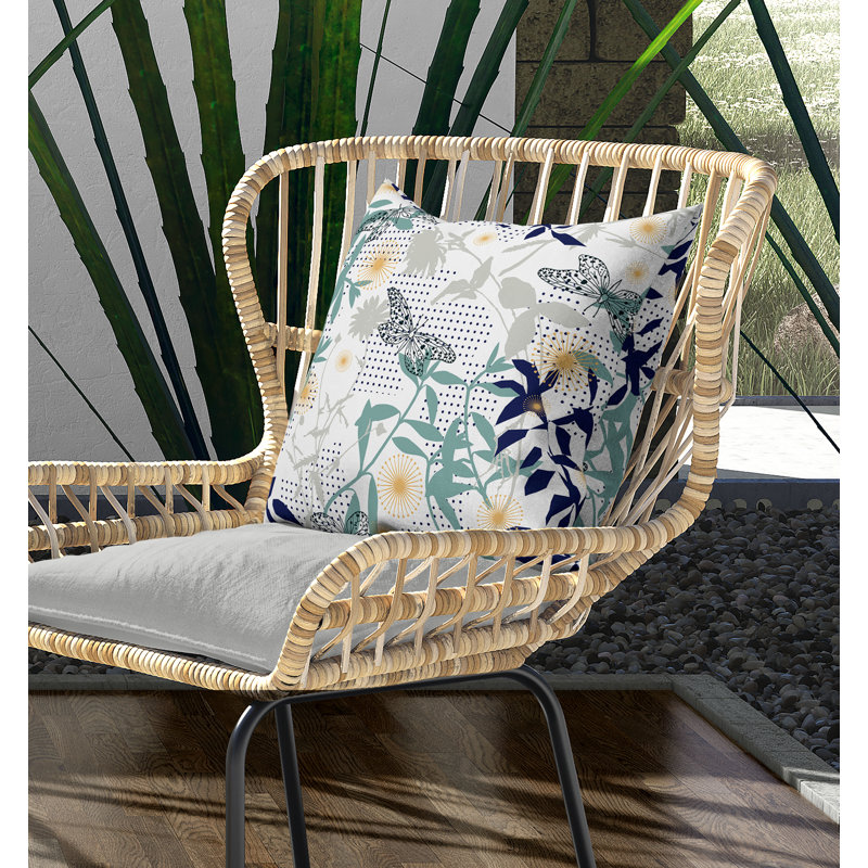 Coussin décoratif floral intérieur / extérieur réversible, Bleu / blanc / cyan, H 16 po x l 16 po