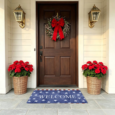 Distressed Navy White Star Welcome USA Style Memorial Day Door Mat Indoor Outdoor Decor 24 x 36 inch