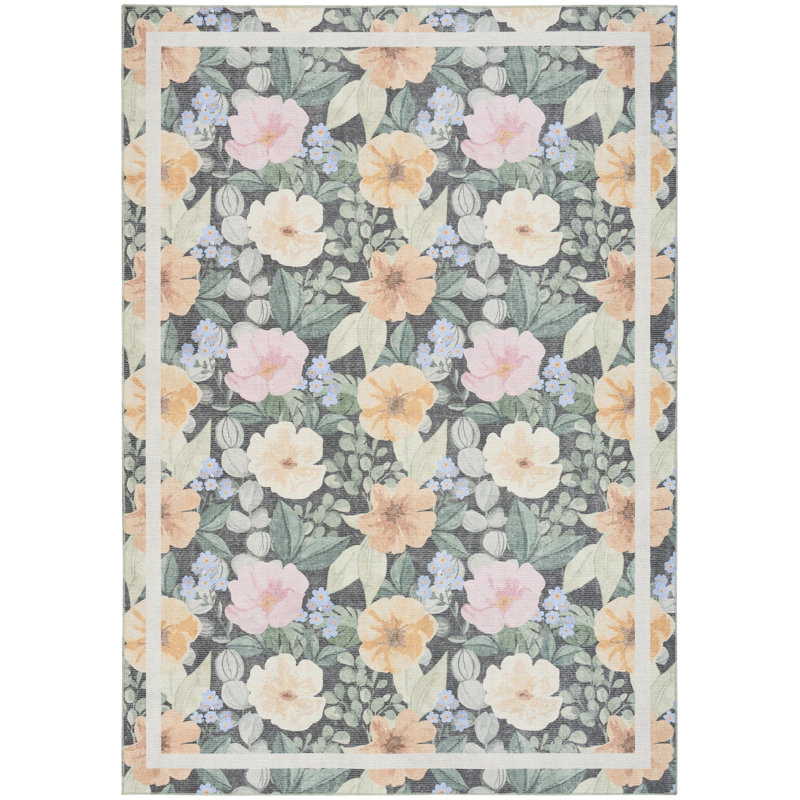 Nourison Botanical Washables 5' x 7' Charcoal Multicolor Farmhouse Indoor Rug, Rectangle 5' x 7', Multicolor Charcoal