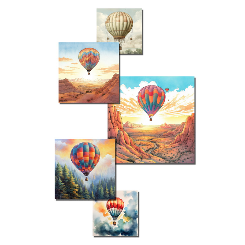 Contemporary Balloon Voyage - Montgolfière, ensemble d'art mural de 5