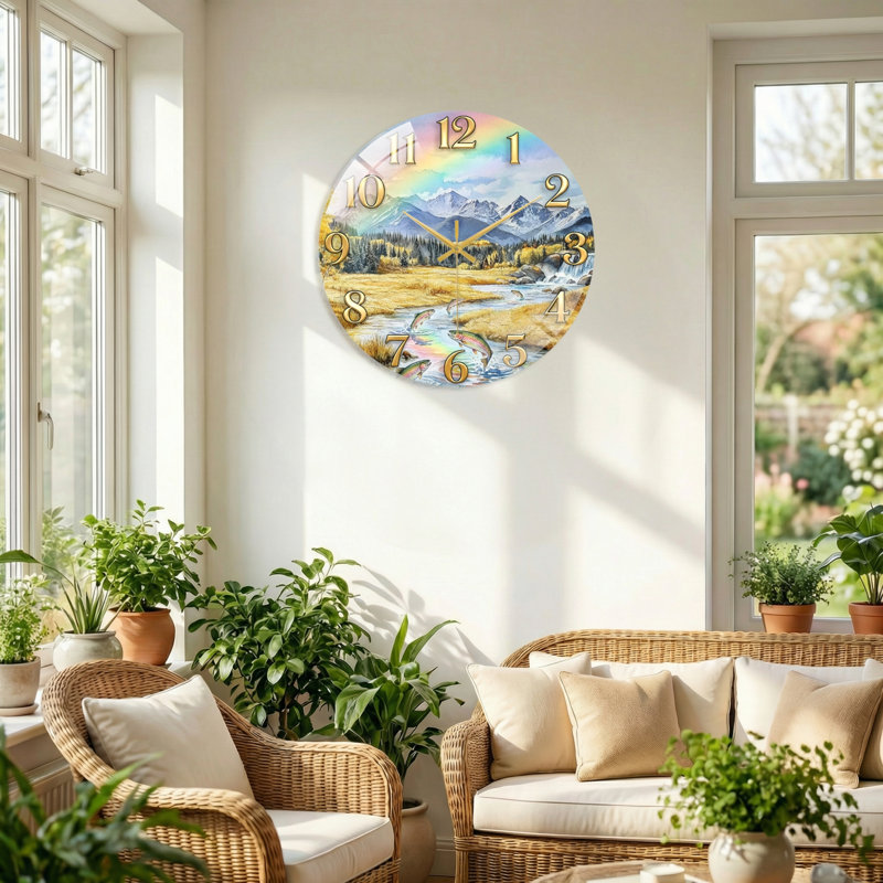 "Mountain Stream", horloge murale en verre, 60 x 60 cm (23,6 x 23,6 pouces)