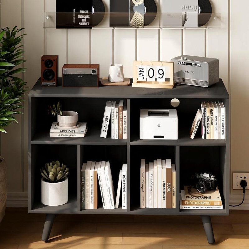 Record Player Stand with Vinyl Storage, Wood Turntable Table with Charging Station, Open Shelf Holder Up to 350 Albums for Living Room, Bedroom, Office
