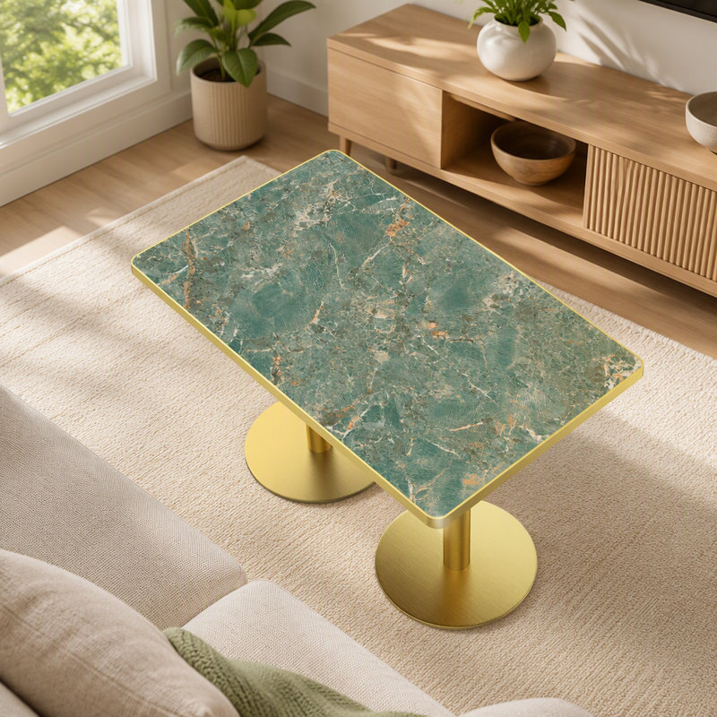 Table de salle à manger Tulipe, plateau en pierre frittée avec impression luxueuse imitation marbre, piètement en acier inoxydable, surface résistante aux égratignures et à l'usure, imperméable, convient aux restaurants aménagés.