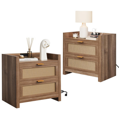 Nightstand with Charging Station, Bed Side Table with 2 Rattan Storage Drawers, Wooden Night Stand Set of 2, Farmhouse End Table for Bedroom, Living Room, Oak
