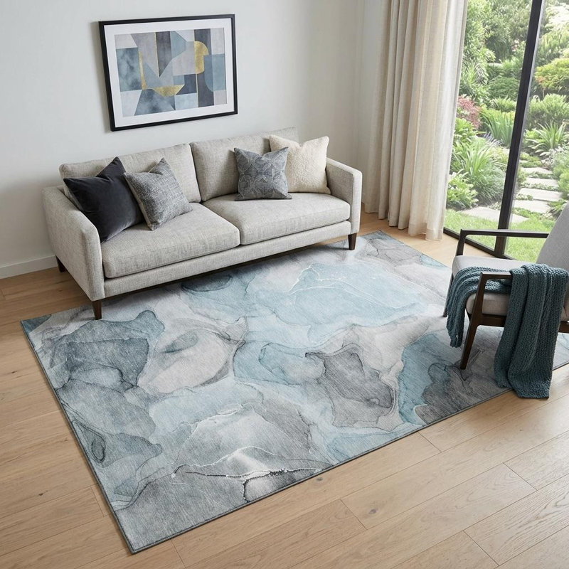 Tapis bleu sarcelle et gris abstrait lavable 5 pi x 8 pi avec protection UV