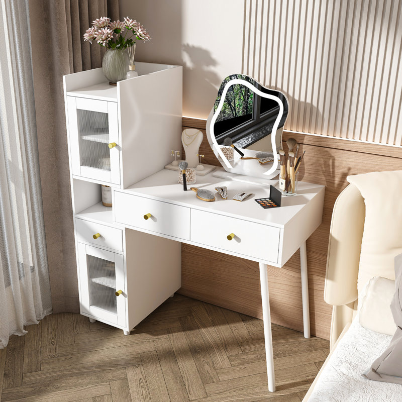 Coiffeuse, miroir à DEL, tiroirs, tablettes, armoires, options d'éclairage, maquillage