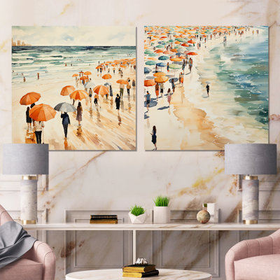 Parasol orange, jour de la plage, tranquillité I - Beach People, reproduction d'art en métal, ensemble de 2 carrés