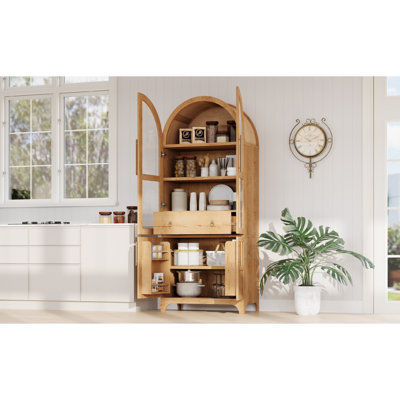 Cabinet 71" Tall Arched Kitchen Pantry With Door Shelves, Farmhouse Kitchen Storage Cabinet With Open & Adjustable Shelves, Hidden Drawer & Glass Door, Cupboard For Kitchen, Dining Room, Natural