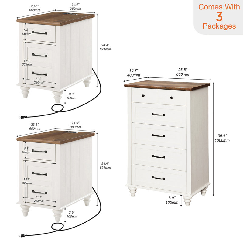 Ensemble 3 pièces de commode et table de chevet, une commode 5 tiroirs et deux tables de chevet, blanc
