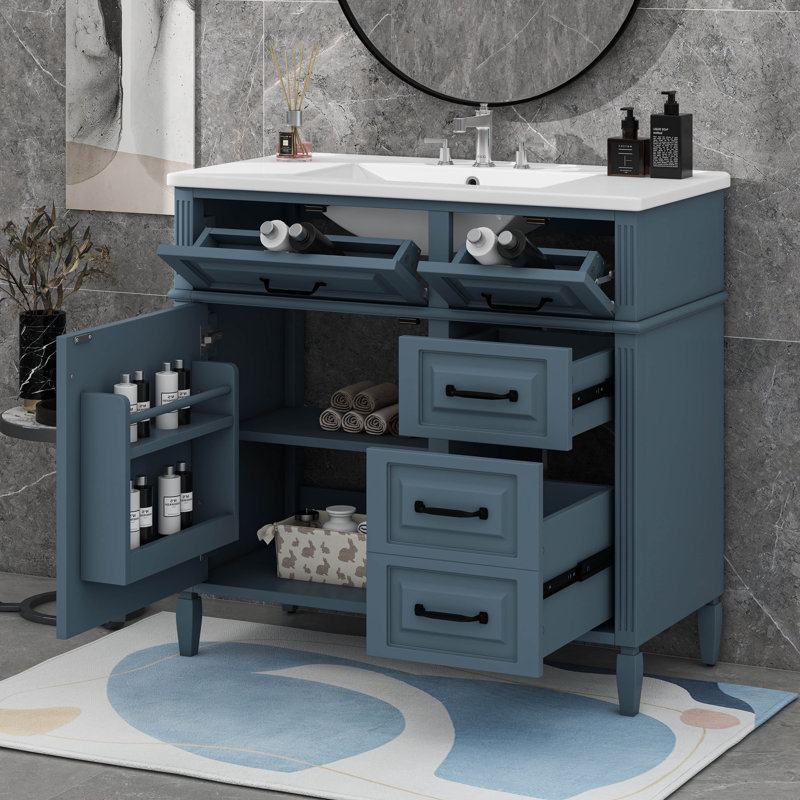 Meuble-lavabo de 36 pouces avec comptoir en céramique, tiroir rabattable et tablette réglable, Bleu gris, Noir