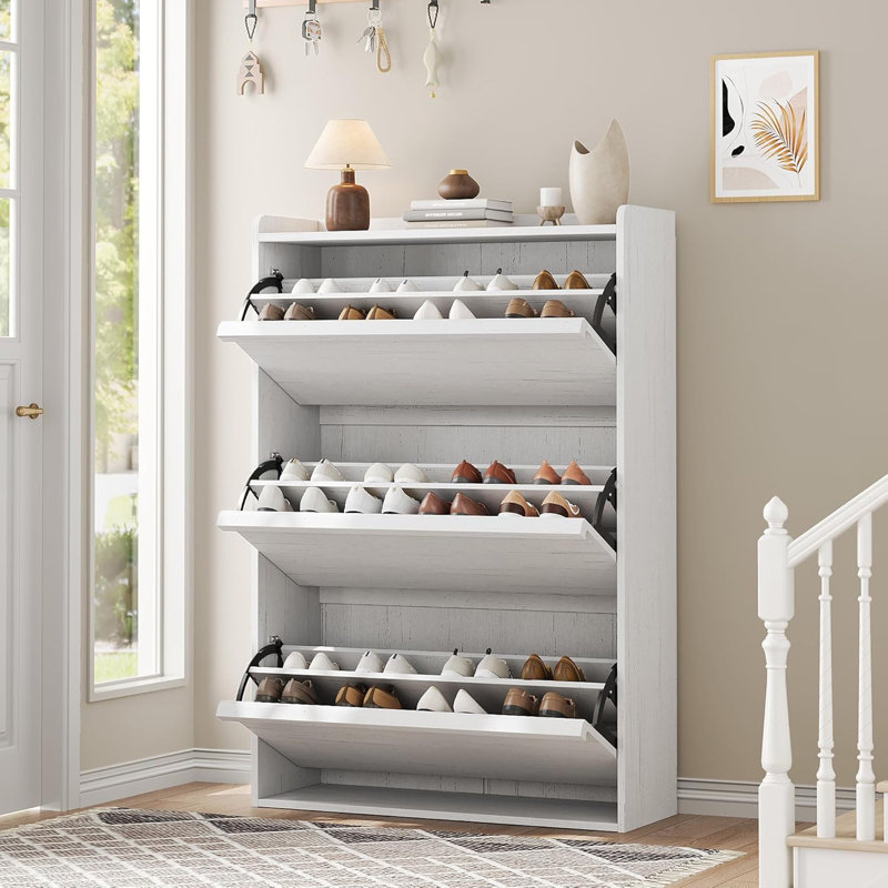 24 Pair Shoe Cabinet with 3 Flip Drawers, Wooden Shoe Organizer Cabinet with Adjustable Shelf, White