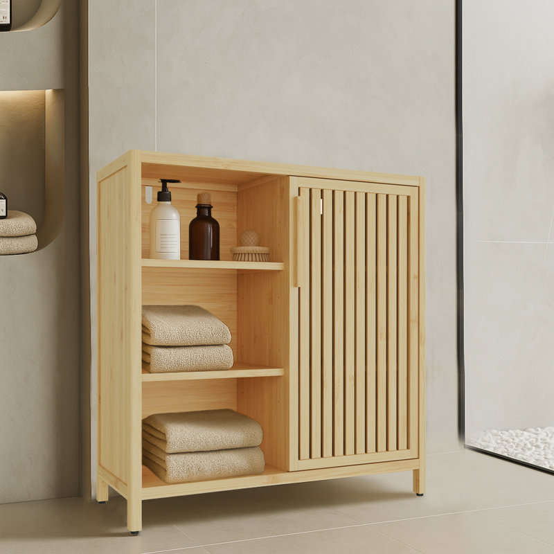 Armoire de rangement moderne moderne écologique en bambou naturel avec range-chaussures et buffets avec tablettes réglables et porte à lattes