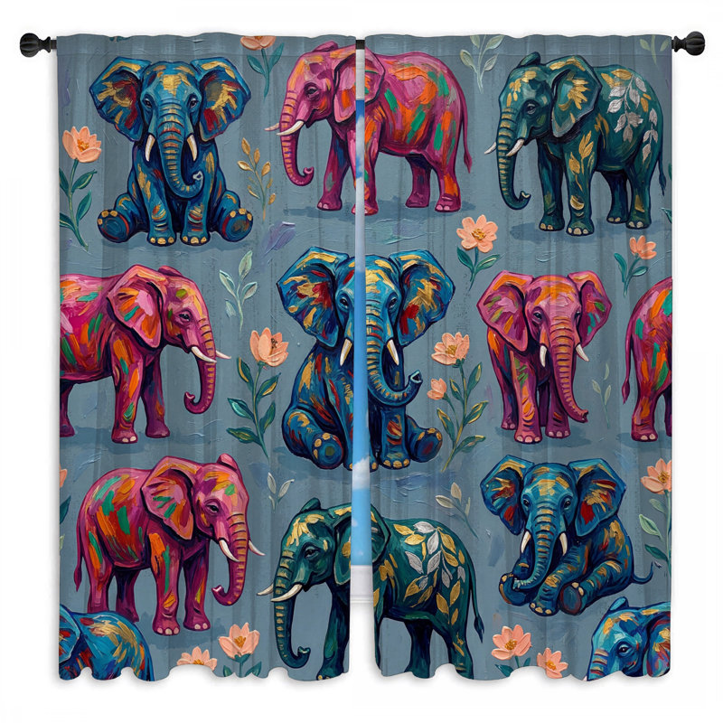 Éléphants et rideaux de fleurs colorés obscurcissant et obscurcissant - 2 panneaux, 80in x 82in - 2 panels, Room Darkening