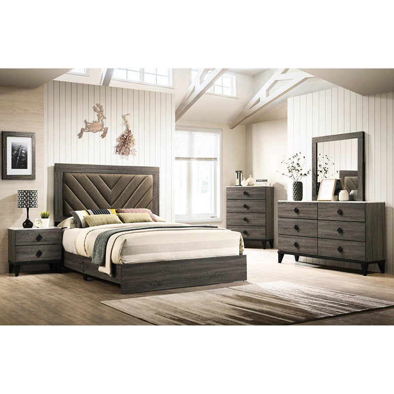 Grand lit avec attrait rustique en chêne gris foncé, revêtement en tissu, assemblage requis