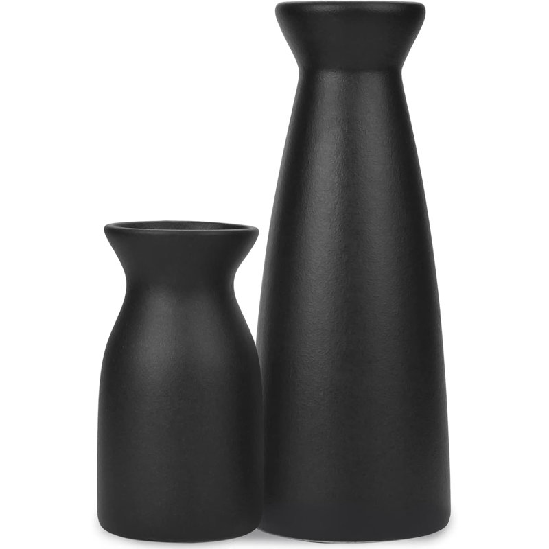 Set Of 2 Black Matte Ceramic Vases, Modern Boho Home Decor For Dried Flowers, Pampas Grass, Rustic Centerpieces For Living Room, Dining Table, Office (Black)