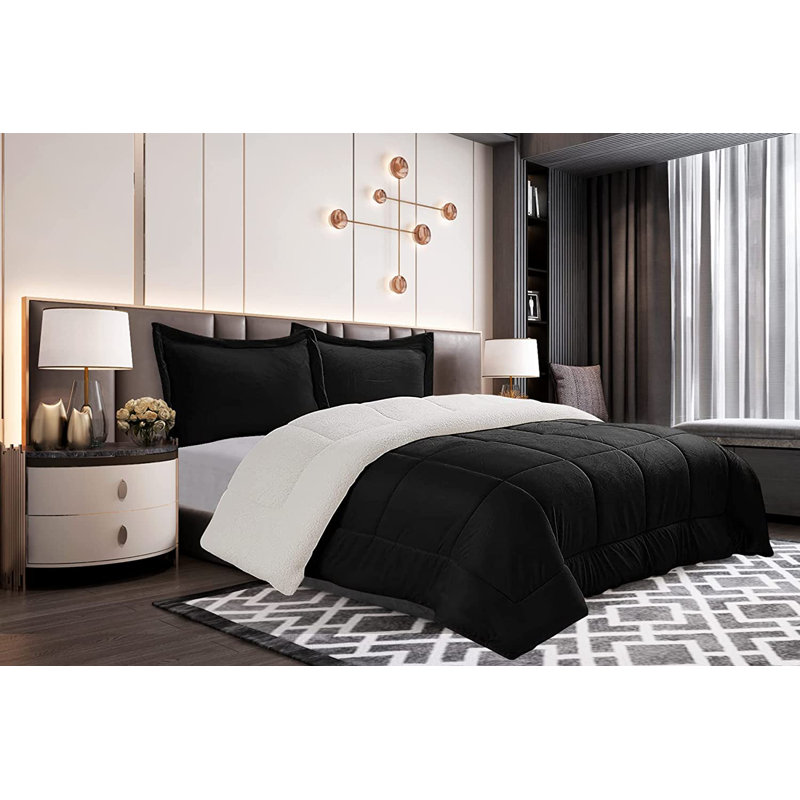Mocassi Solid Sherpa Geometric Shapes Comforter, Black, King Comforter + 2 King Shams