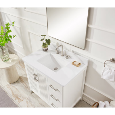 Meuble-lavabo moderne en bois massif de 36 po Soren avec comptoir blanc et tiroirs silencieux