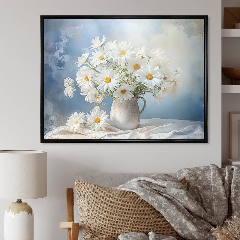 «White Daisy Efflorescence Bouquet Serenity III», reproduction sur toile, Cadre flottant noir, 30" H x 40" W