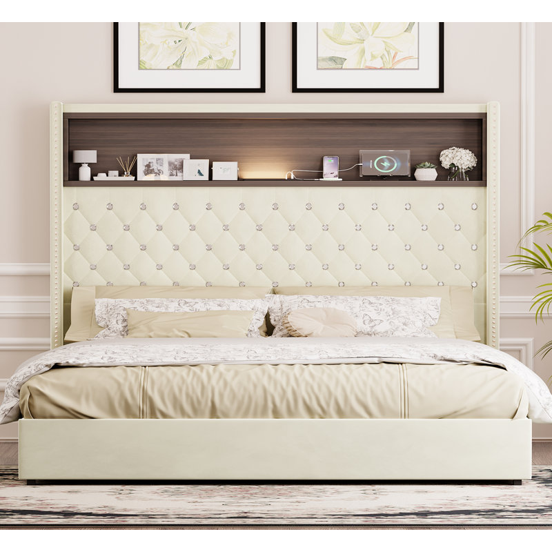 Structure de lit grand format en velours capitonné avec USB et veilleuse, tête de lit 52 po, lit plateforme à oreilles, beige