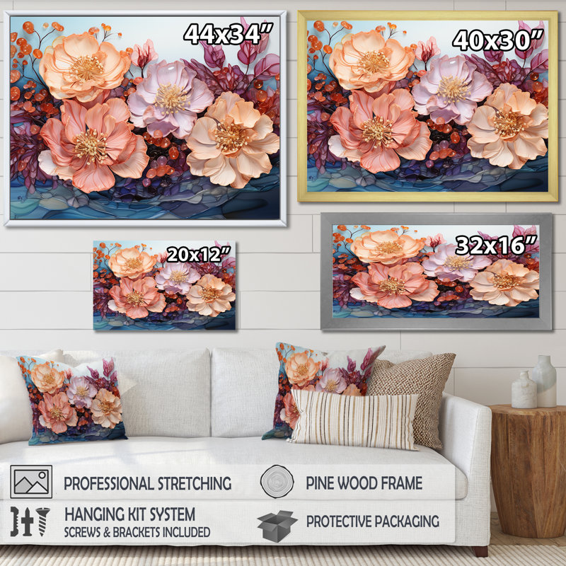 " Peach Hydrangea S Whispers ", White Floater Framed, 16" H x 32" W