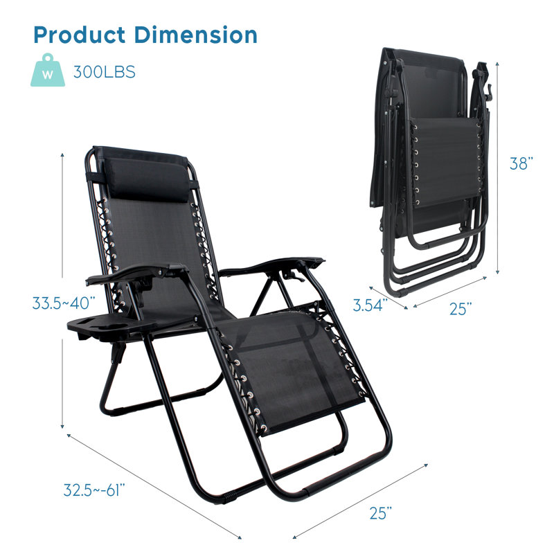 Zero Gravity Chair Patio Folding Lawn Outdoor Lounge Gravity Camp Reclining Lounge Chair With Cup Holder Pillows, Matte Black
