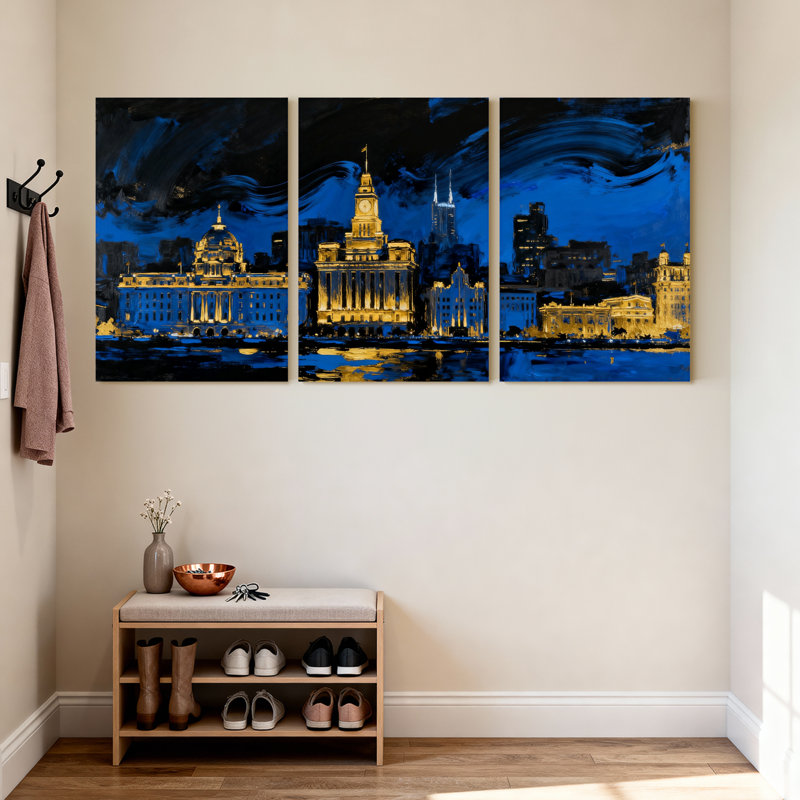 Cités et pays, paysage urbain, nuit, réflexions, ensemble de 3 impressions sur toile, H 30 po x l 60 po