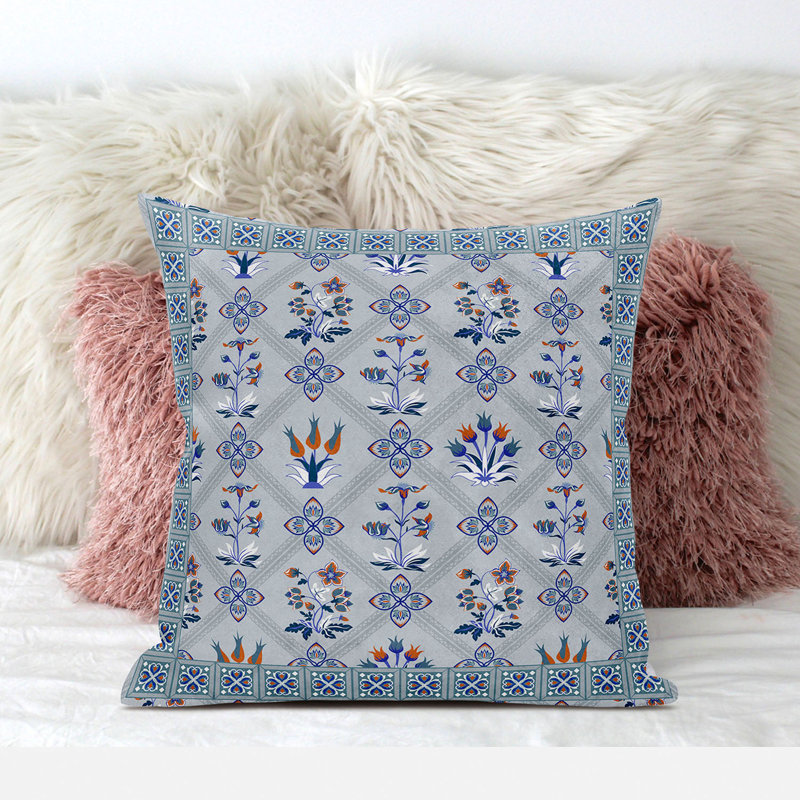 Indoor / Outdoor Floral Square Cushion, 46cm H x 46cm W, Grey/Orange/Green/White