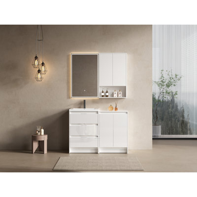 Meuble-lavabo autoportant avec lavabo en résine et armoires de rangement, tiroirs à fermeture en douceur, finition en contreplaqué blanc brillant