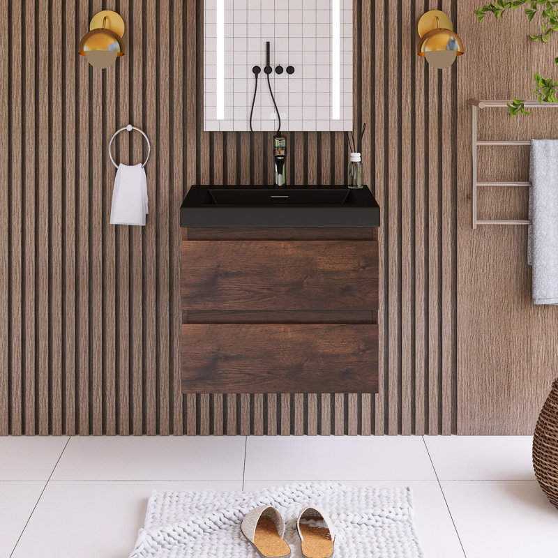 Meuble-lavabo mural simple 23,5 po avec plateau en résine Luhe, Brun foncé