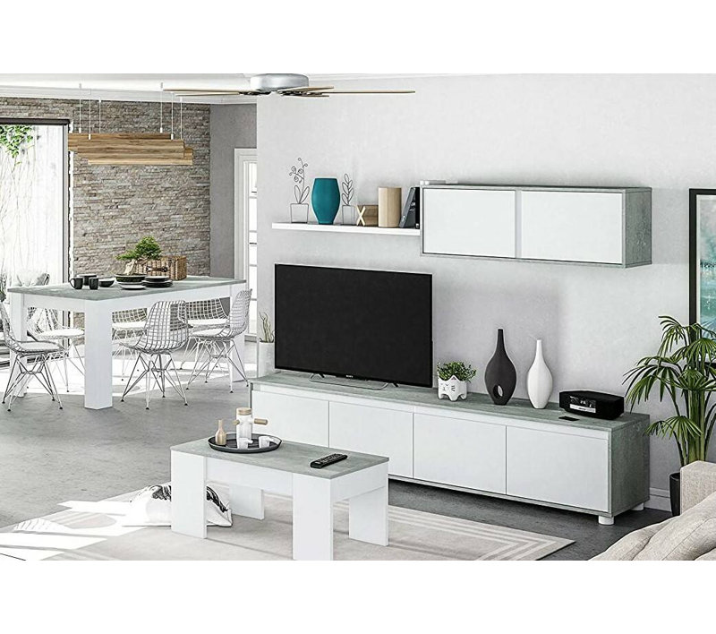 Fitted Wall Savannah, Tv Stand For Living Room Set Composition With Wall Unit, 200X41H43 Cm, White/Grey