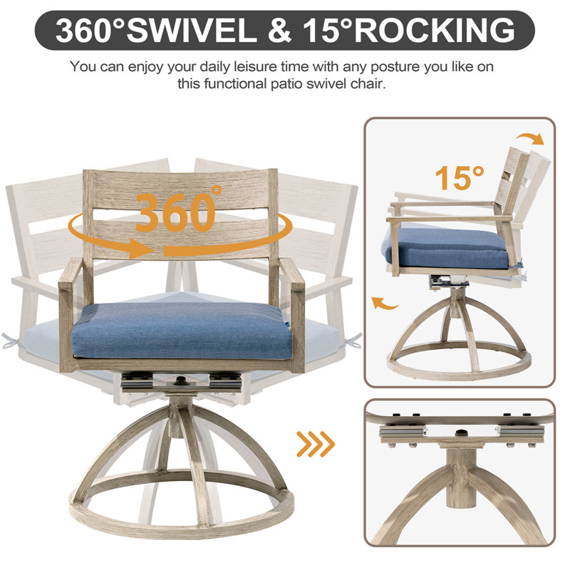 Chaise de salle à manger pivotante et berçante pour l'extérieur en aluminium avec Sunbrella Cusion, Bleu