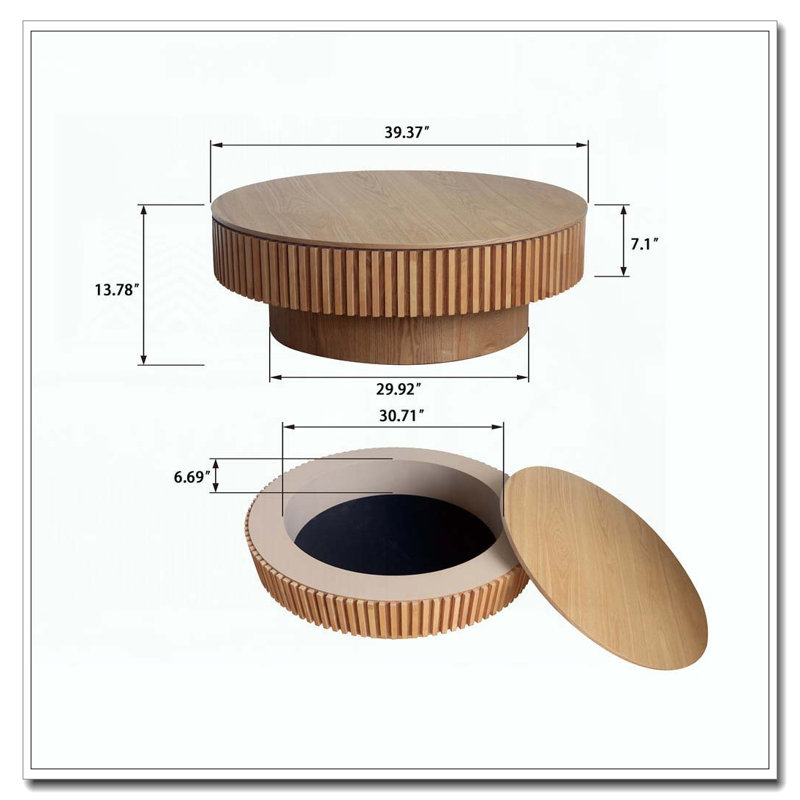 Table basse ronde en bois massif avec rangement 31,5 po, Bois naturel