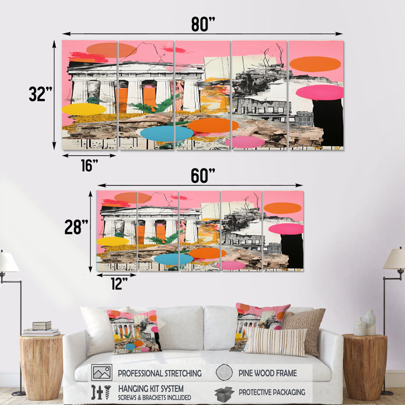 Collage grec antique antique Parthénon - paysage abstrait, art mural 5 pièces, H 32 po x l 80 po