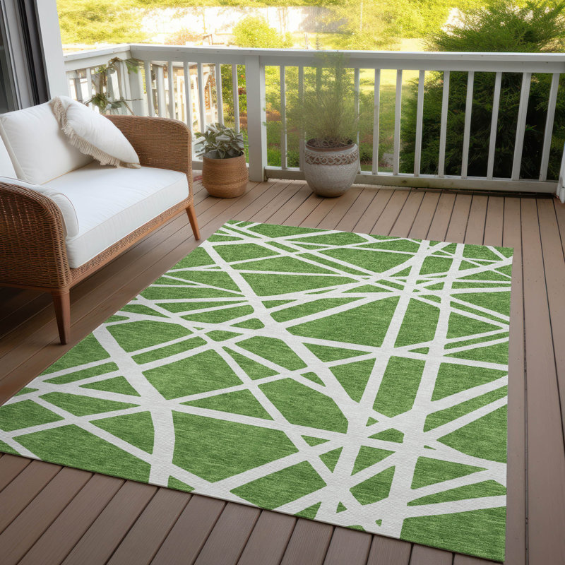 Green and White Geometric Washable Synthetic Rug
