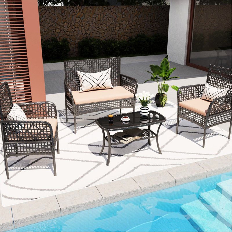 Ensemble de 4 pièces pour la piscine, avec coussins moelleux et table en verre trempé, Beige