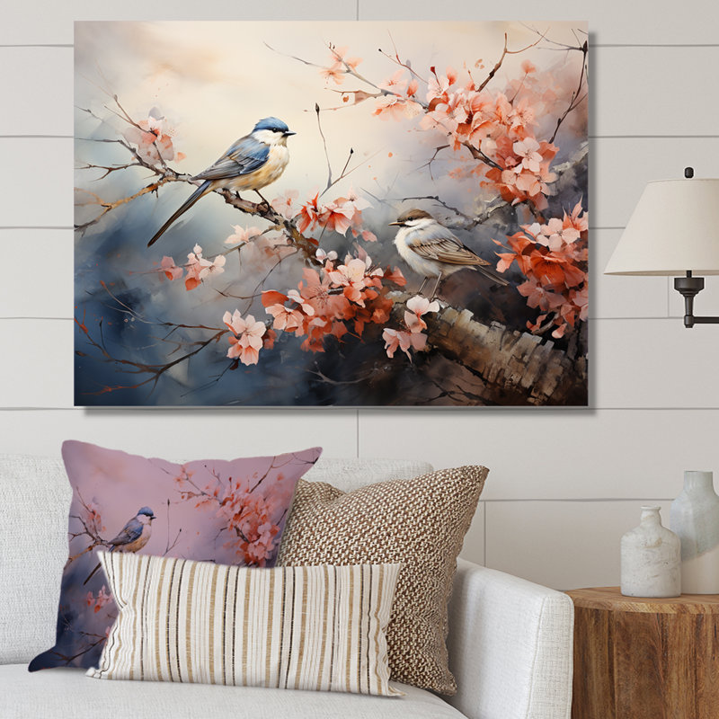 Oiseaux roses et bleus sur un arbre en fleurs II - Art mural oiseau, Toile tendue, H 32 po x l 24 po x P 1 po