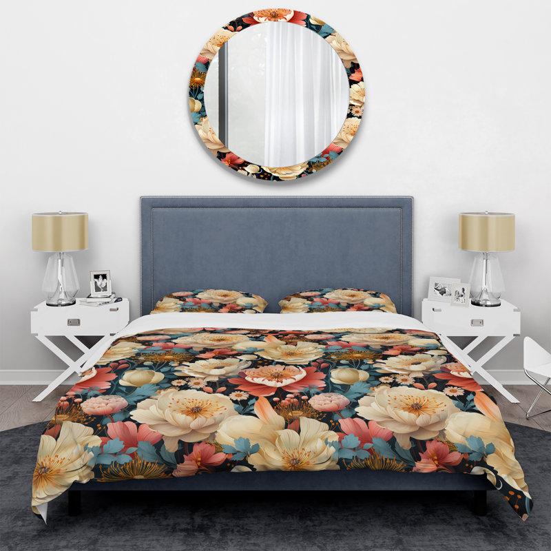 Ensemble de housse de couette beige et rose à motif floral Grace I, Housse de couette simple + 1 taie décorative stan
