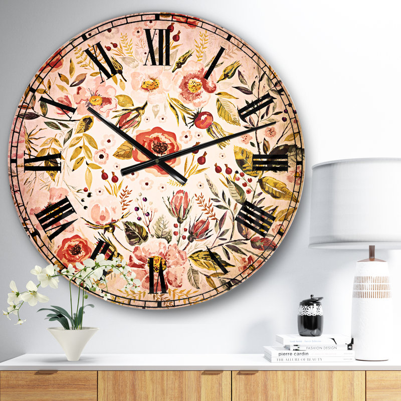 Couronne florale dessinés à la main - Horloge murale traditionnelle, Moyen