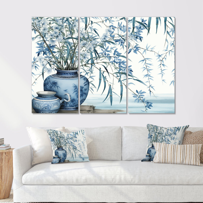 Ensemble de salon d'art mural en bambou, sérénité chinoise en bambou bleu, Toile tendue, H 28 po x l 36 po x P 1 po